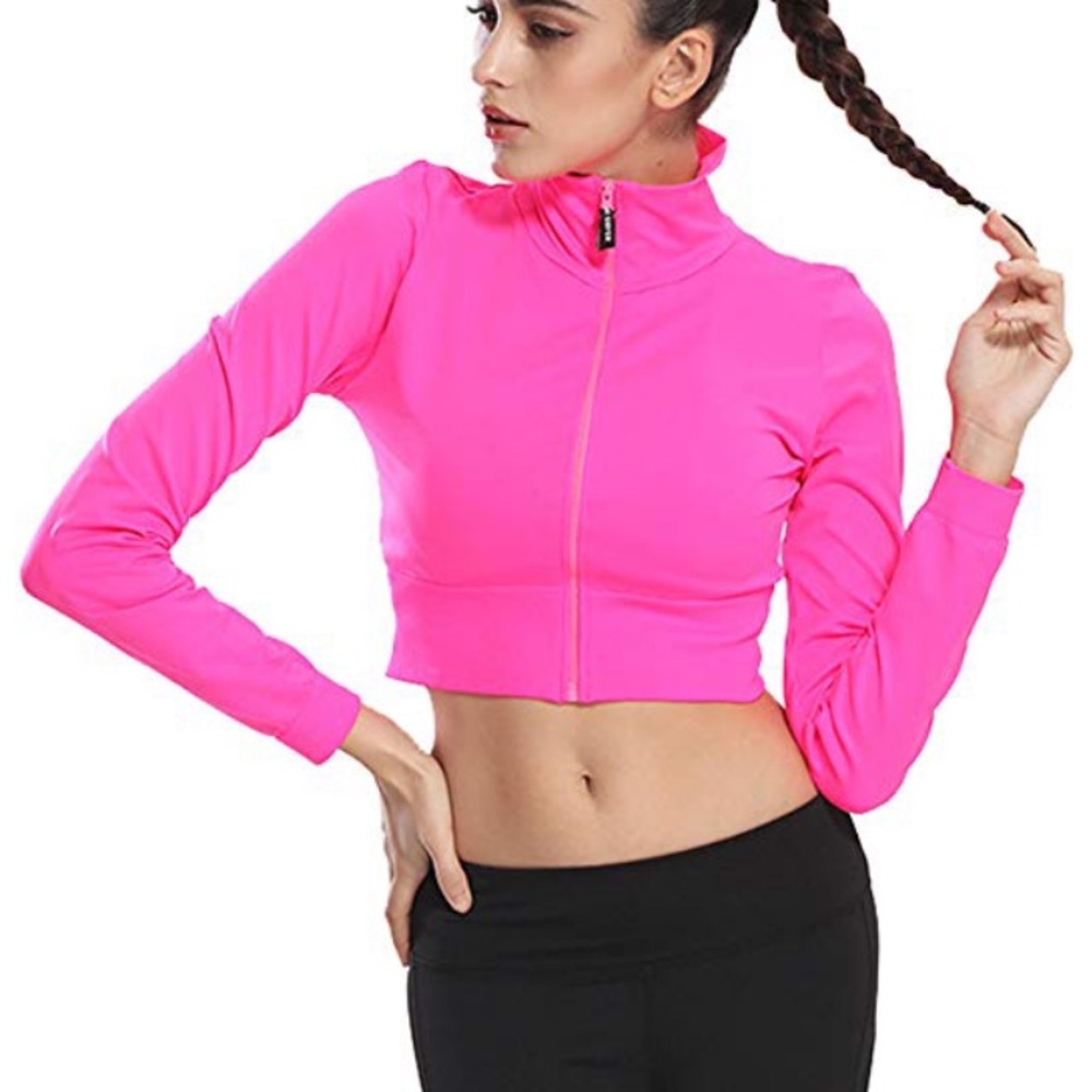 Neon Pink Zip Up Long Sleeve Crop Top